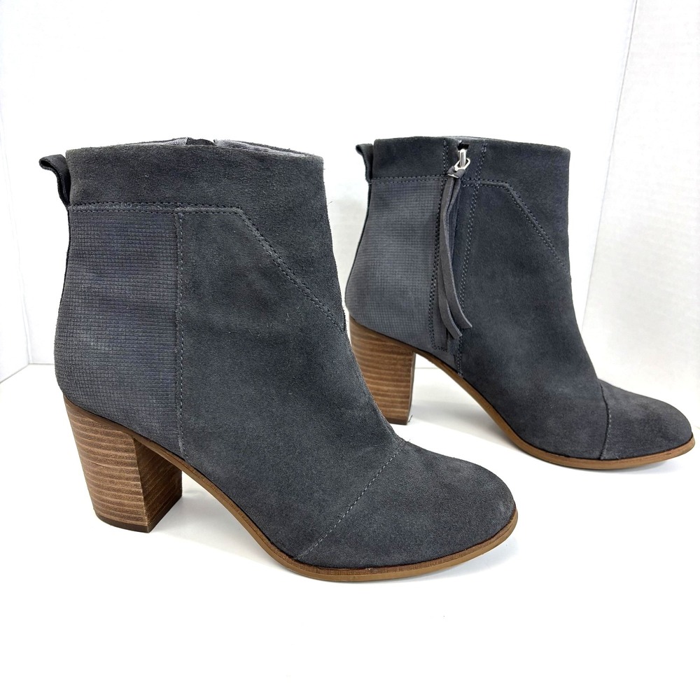 TOMS Suede Ankle Boots Womens 8.5 Gray Block Heel Zip Booties Casual Leather